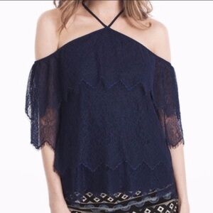 🥑WHBM Navy Blue Lace Tiered Halter Top XS | Dark Romance Western Boho Glam
